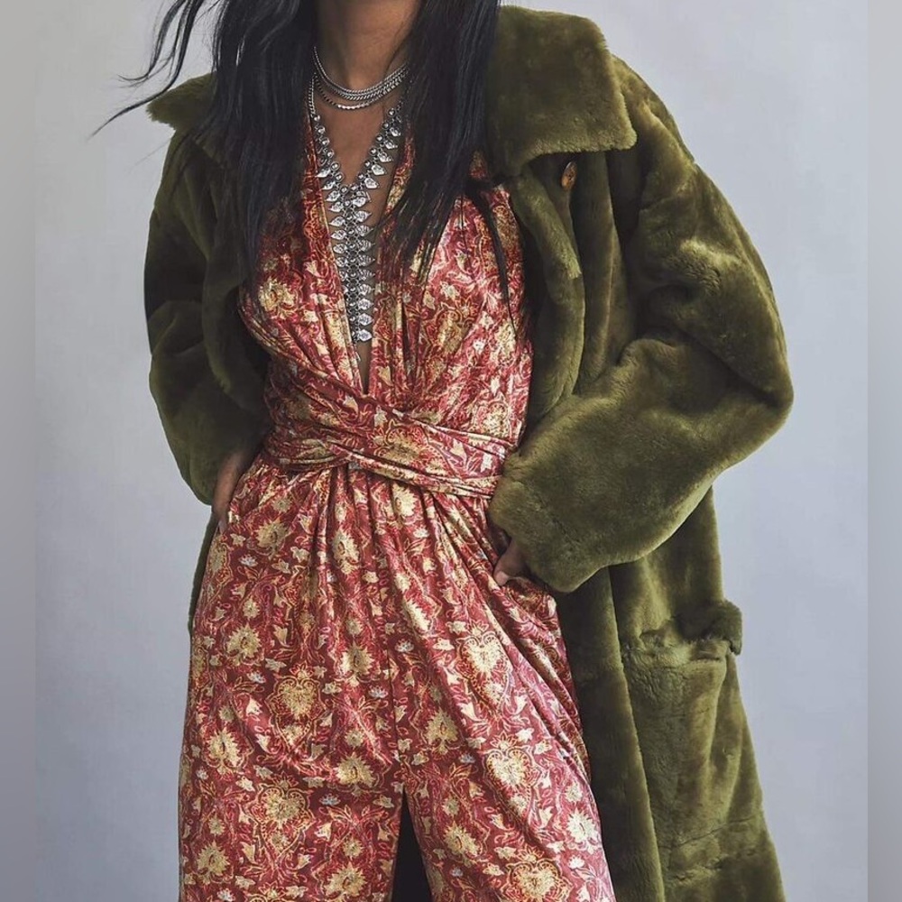 Free People Olive Green Faux Fur Coat